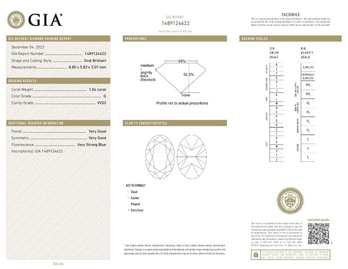 1 pcs Diamant  (Natur)  - 1.04 ct - Oval - G - VVS2 - Gemological Institute of America (GIA)