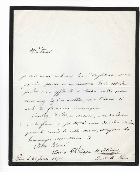 Louis-Philippe d'Orléans, comte de Paris - lettre autographe signée - 1874