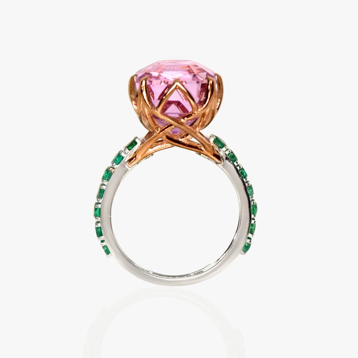 Ingen mindstepris - Ring - 14 karat Hvidguld, Rosaguld -  9.55ct. tw. Kunzit - Smaragd - IGI 8,73 ct Pink