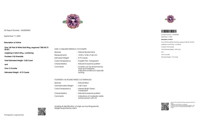 Ingen mindstepris - Ring - 14 karat Hvidguld, Rosaguld -  9.55ct. tw. Kunzit - Smaragd - IGI 8,73 ct Pink