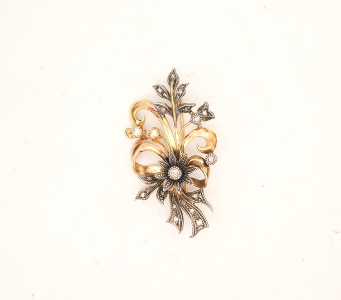 Broche - 19,2 kt. Gulguld Perle - Diamant