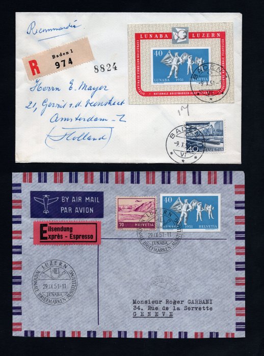 Schweiz 1951 - Blok + stempel fra LUNABA blok på 2 registrerede/ekspres-omslag - Gratis fragt over hele verden - Zumstein 32 + 32A / Michel 14 +560