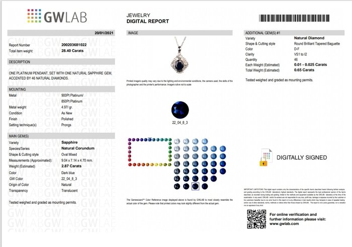 Halskæde Platin -  3.52ct. tw. Safir - Diamant