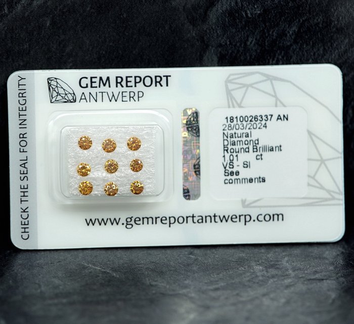 9 pcs Diamant  (Naturfarvet)  - 1.01 ct Blandet orange - SI1, VS1 - Gem Report Antwerp (GRA)