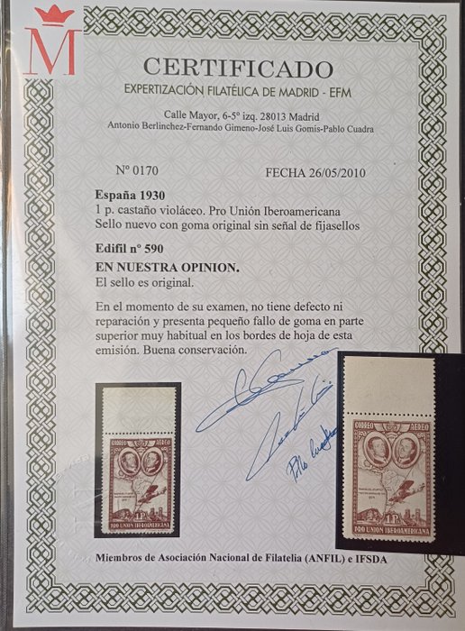 Spanien 1930 - Pro Ibero-American Union Nøgle stempel ark kant EFM certifikat - Edifil 590