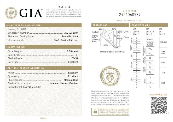 1 pcs Diamant  (Natur)  - 0.70 ct - Rund - D (farveløs) - VVS1 - Gemological Institute of America (GIA)