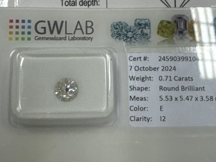 Ingen mindstepris - 1 pcs Diamant  (Natur)  - 0.71 ct - Rund - E - I2 - Gemewizard Gemological Laboratory (GWLab)