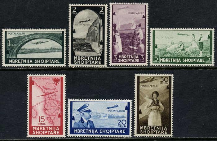 Albanien 1940 - Definitiv luftpost, komplet sæt med 7 værdier. Frisk og velbevaret. - Sassone A5/11