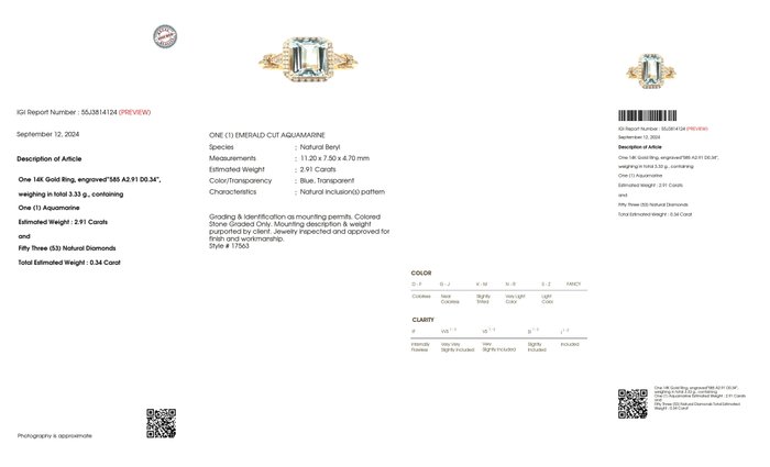 Ingen mindstepris - Ring - 14 karat Rosaguld -  325ct tw Akvamarin - Diamant - IGI 291 ct blå