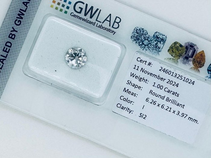 Ingen mindstepris - 1 pcs Diamant  (Natur)  - 1.00 ct - Rund - I - SI2 - Gemewizard Gemological Laboratory (GWLab)