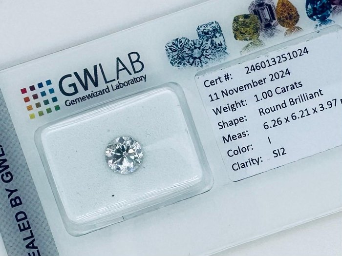 Ingen mindstepris - 1 pcs Diamant  (Natur)  - 1.00 ct - Rund - I - SI2 - Gemewizard Gemological Laboratory (GWLab)