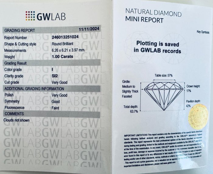 Ingen mindstepris - 1 pcs Diamant  (Natur)  - 1.00 ct - Rund - I - SI2 - Gemewizard Gemological Laboratory (GWLab)