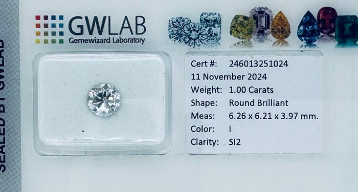 Ingen mindstepris - 1 pcs Diamant  (Natur)  - 1.00 ct - Rund - I - SI2 - Gemewizard Gemological Laboratory (GWLab)