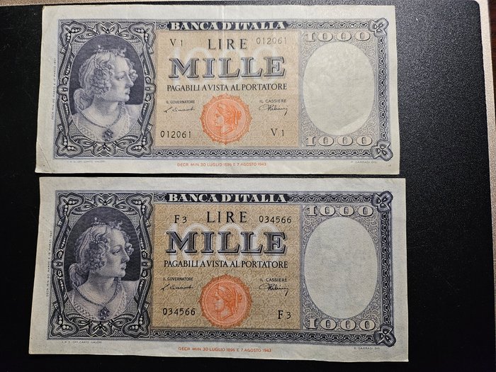 Italien - 2 x 1000 Lire 1943 "Italia" (Testina) - Gigante BI 53; Pick 82  (Ingen mindstepris)