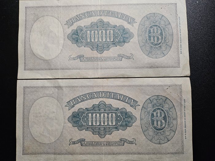 Italien - 2 x 1000 Lire 1943 "Italia" (Testina) - Gigante BI 53; Pick 82  (Ingen mindstepris)