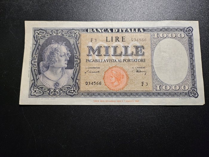 Italien - 2 x 1000 Lire 1943 "Italia" (Testina) - Gigante BI 53; Pick 82  (Ingen mindstepris)