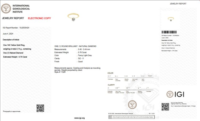 Ring - 14 karat Gulguld -  0.70ct. tw. Grå Diamant (Naturfarvet) - IGI