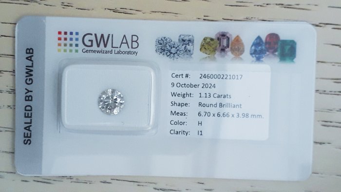 Ingen mindstepris - 1 pcs Diamant  (Natur)  - 1.13 ct - Rund - H - I1 - Gemewizard Gemological Laboratory (GWLab)