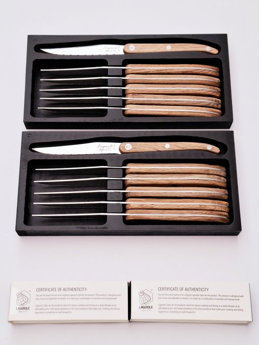 Laguiole - 12x Steak Knives - Oak wood - style de - Bordknive sæt (12) - Rustfrit stål