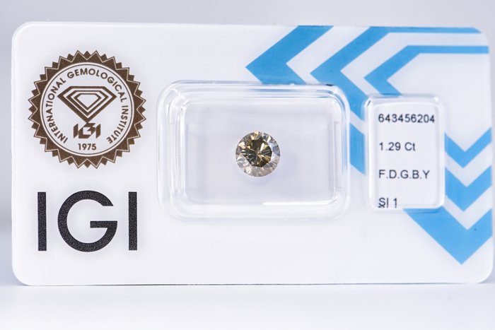 Ingen mindstepris - 1 pcs Diamant  (Naturfarvet)  - 1.29 ct - Rund - Fancy deep Brunlig, Grå Gul - SI1 - International Gemological Institute (IGI)