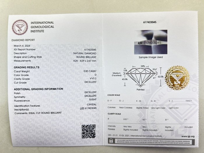 1 pcs Diamant  (Natur)  - 0.30 ct - Rund - D (farveløs) - VVS2 - International Gemological Institute (IGI)