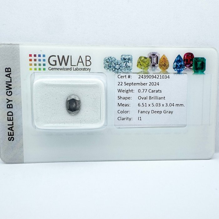 Ingen mindstepris - 1 pcs Diamant  (Naturfarvet)  - 0.77 ct - Oval - Fancy deep Grå - I1 - Gemewizard Gemological Laboratory (GWLab)