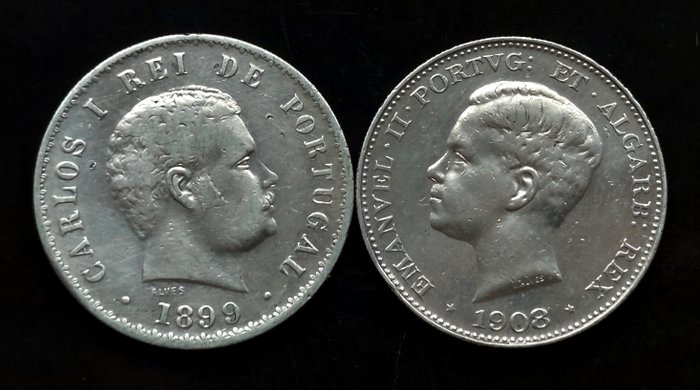 Portugal. 2 moedas - 500 reis 1899 Carlos I e 500 reis D. Manuel II 1908  (Ingen mindstepris)