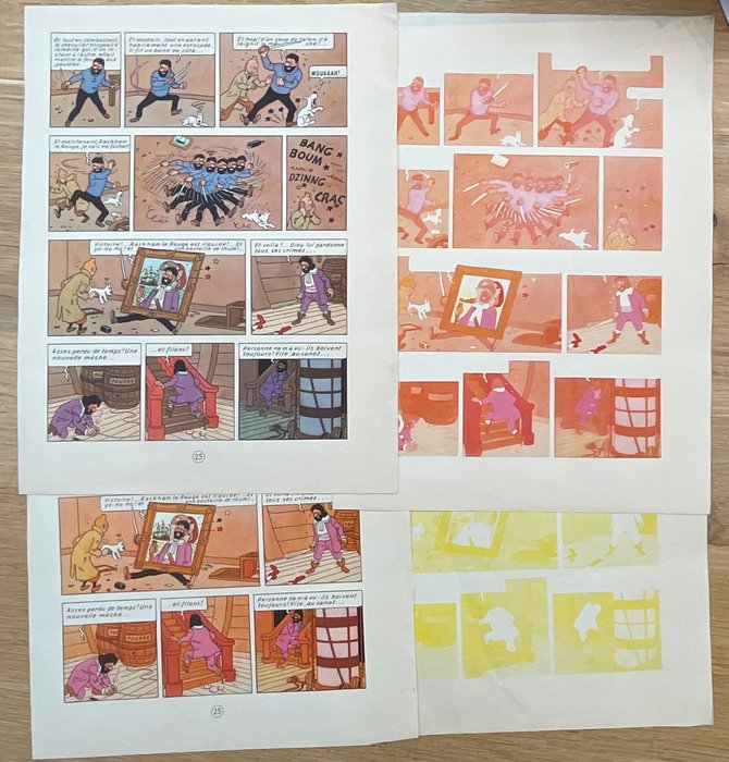 Hergé - Le secret de la licorne - Making of - Essai de couleurs page 13 en 4 étapes