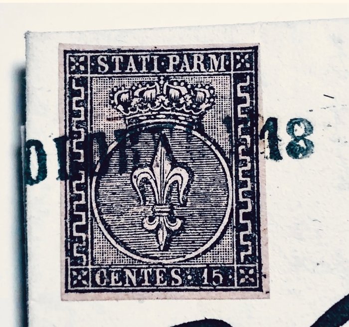 Antikke Italienske Stater - Parma 1853/1857 - Parma 15 Cent 1858 Blå lineær farve pt.9 bogstav Veneto Mantua nat