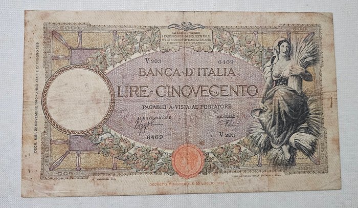 Italien. - 500 Lire 22/11/1940 - Gigante BI 29U  (Ingen mindstepris)