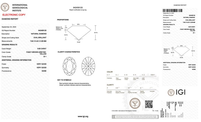 Ingen mindstepris - 1 pcs Diamant  (Naturfarvet)  - 0.83 ct - Oval - Fancy Brun, Grålig Gul - SI1 - International Gemological Institute (IGI)