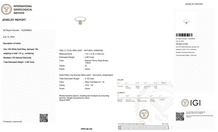 Ring - 14 karat Hvidguld -  0.98ct. tw. Diamant (Naturfarvet) - Diamant