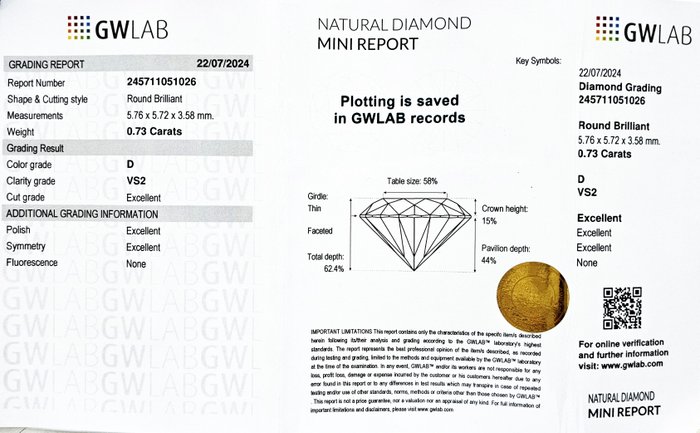 1 pcs Diamant  (Natur)  - 0.73 ct - Rund - D (farveløs) - VS2 - Gemewizard Gemological Laboratory (GWLab)