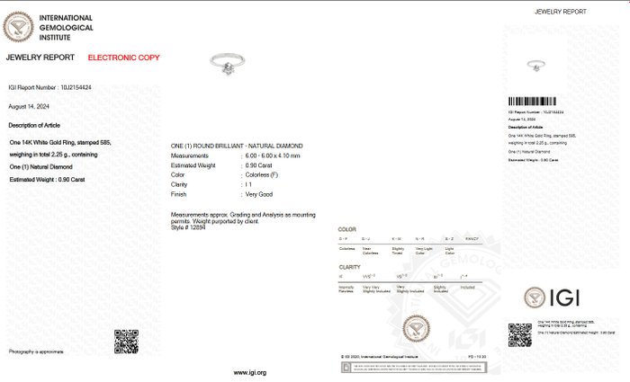 Ingen mindstepris - Ring - 14 karat Hvidguld -  0.90ct. tw. Diamant (Natur) - IGI