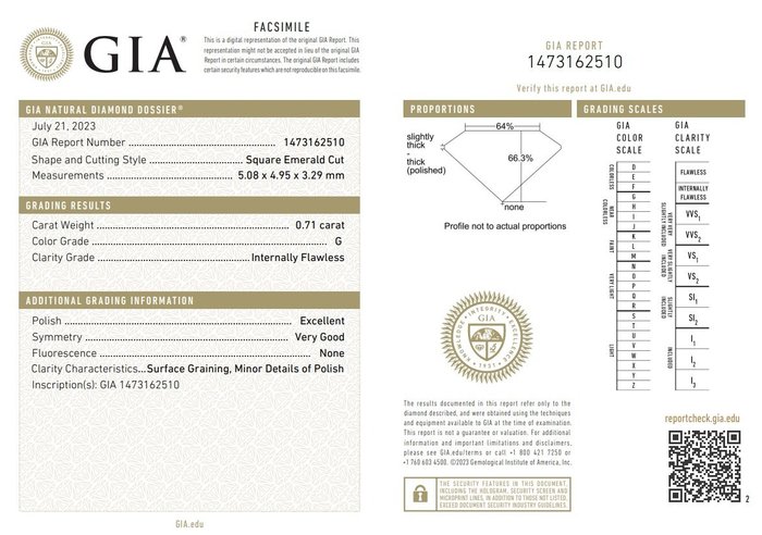 1 pcs Diamant  (Natur)  - 0.71 ct - Kvadrat - G - IF - Gemological Institute of America (GIA)