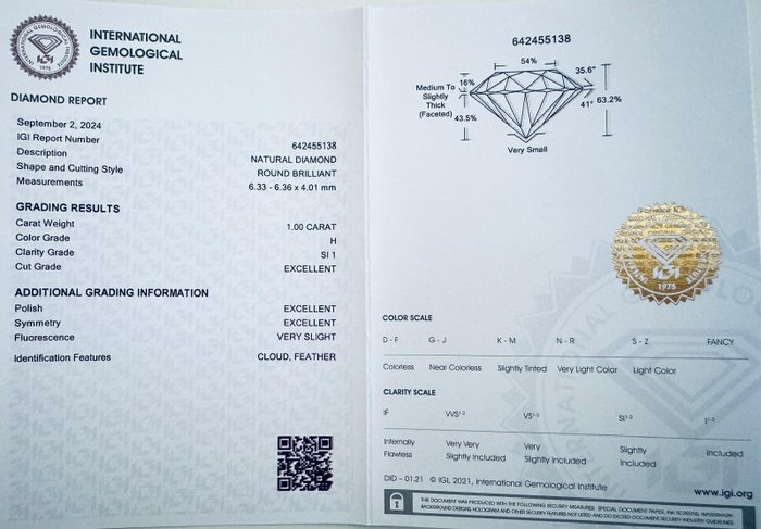 1 pcs Diamant  (Natur)  - 100 ct - Rund - H - SI1 - International Gemological Institute (IGI)