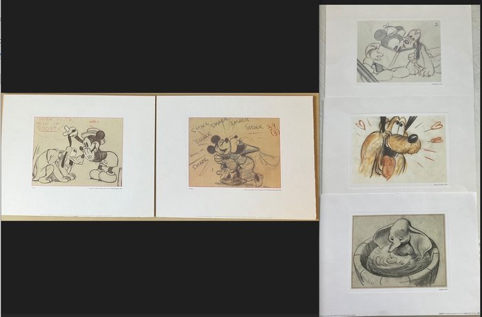 Disney - Vijf (5) Original lithos Mickey Mouse, Minni, Dombo and Pluto from 1938, 1939 (2x), 1941 en 1948