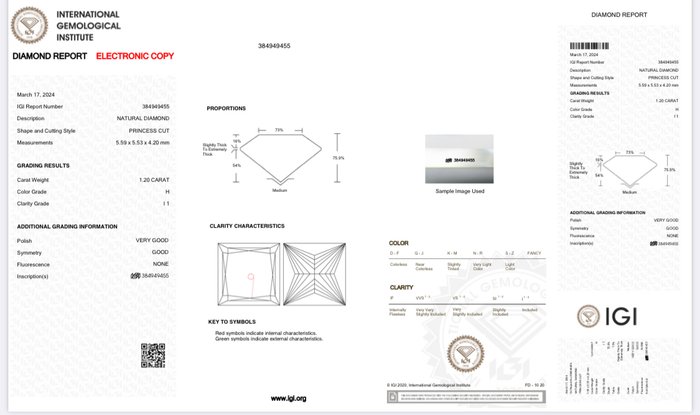 1 pcs Diamant  (Natur)  - 1.20 ct - H - I1 - International Gemological Institute (IGI)