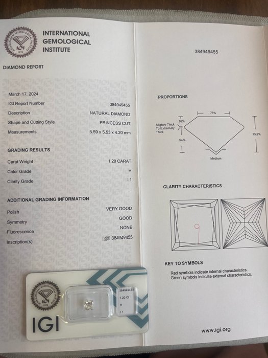 1 pcs Diamant  (Natur)  - 1.20 ct - H - I1 - International Gemological Institute (IGI)