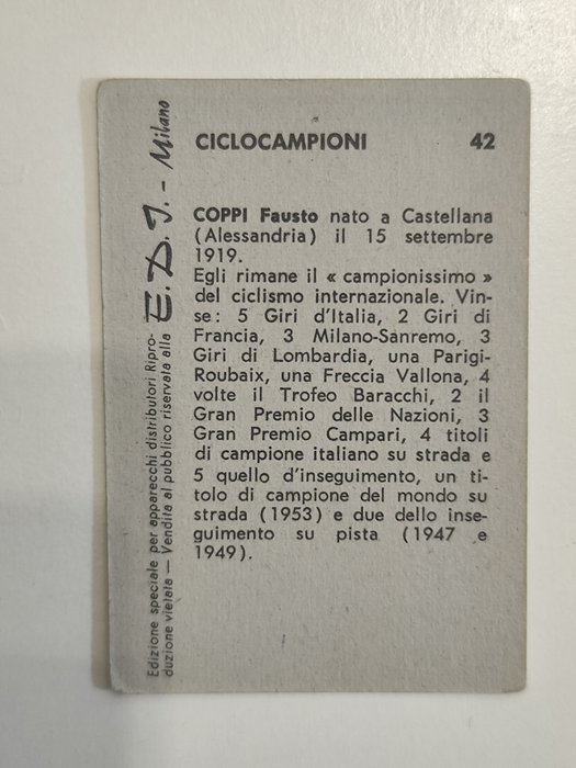 1962/63 E.D.J. Ciclocampioni Fausto Coppi #42 Card - Spillet (PL)