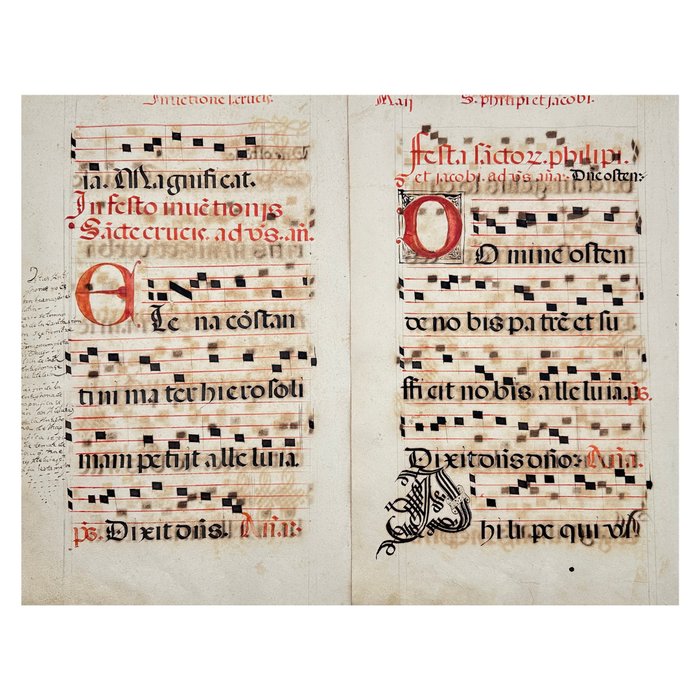 Manuskript - Unknown - Set of 2 Sheets - Latin antiphonary on paper with initials in red and black - 1600s - 1600