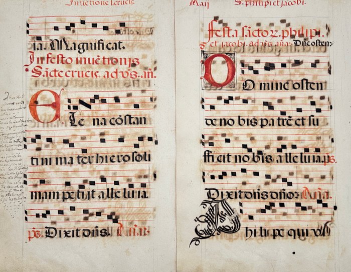 Manuskript - Unknown - Set of 2 Sheets - Latin antiphonary on paper with initials in red and black - 1600s - 1600