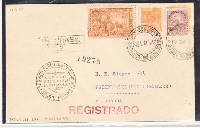 Brasilien 1935 - Første sydamerikanske Condor Zeppelin-flyvning fra Brasilien til Tyskland med officielle aflysninger - Michel 432Ba