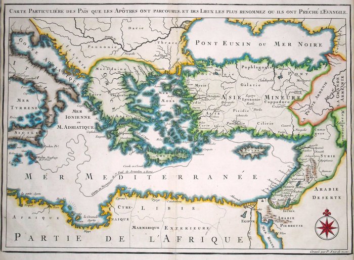 Mediterranean Sea - Nordafrika / Tyrkiet / Grækenland / Syditalien / Cypern / Hellige Land; Calmet - Carte Particuliére de Pais que les Apotres ont Parcourus et les Lieux les plus Renommez ou ils ont - 1722