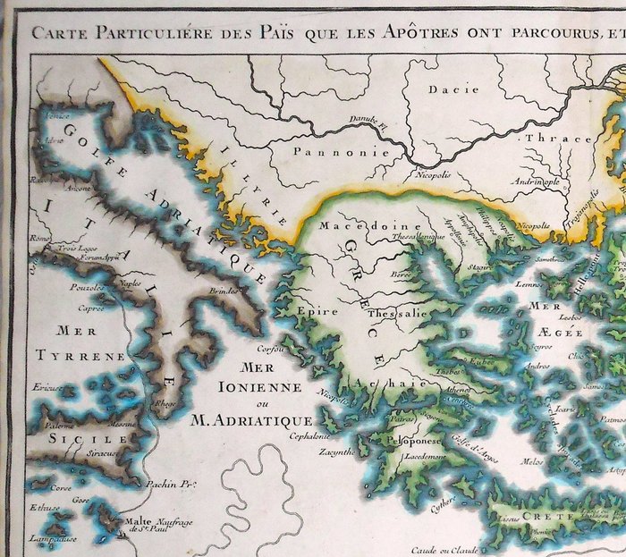 Mediterranean Sea - Nordafrika / Tyrkiet / Grækenland / Syditalien / Cypern / Hellige Land; Calmet - Carte Particuliére de Pais que les Apotres ont Parcourus et les Lieux les plus Renommez ou ils ont - 1722