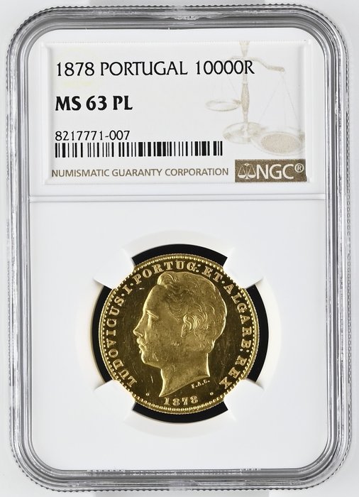 Portugal. D. Luís I (1861-1889). 10.000 Reis 1878 - NGC - MS63 PL - Proof Like - Muito Rara - Top Graded