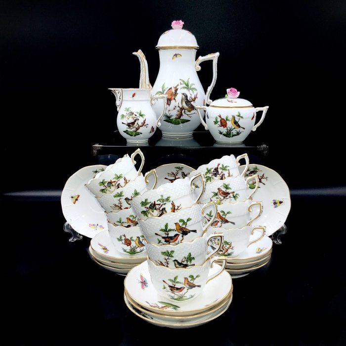 Herend - Exquisite Coffee Set for 12 Persons (27 pcs) - "Rothschild Bird" - Kaffeservice - Håndmalet porcelæn