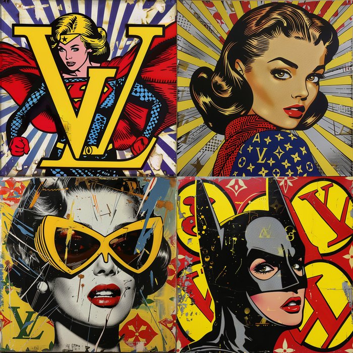 I_KONIQ (1969) - MARVEL HEROINES BRANDED VUITTON (SET OF 4 CANVAS) in ROY LICHTENSTEIN STYLE - ex 2/10