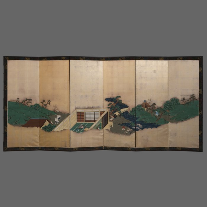 Byôbu 屏風 (foldeskærm) - Papir, lakeret træ, bladguldsølv - Tosa School - Japan - 1800-tallet (sen Edo-periode/tidlig Meiji-periode)