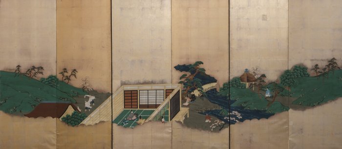 Byôbu 屏風 (foldeskærm) - Papir, lakeret træ, bladguldsølv - Tosa School - Japan - 1800-tallet (sen Edo-periode/tidlig Meiji-periode)